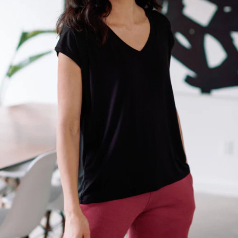 Yala Dakota V-Neck Cap Sleeve Top Black